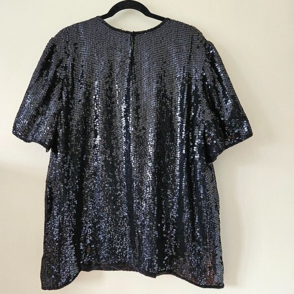 Michel Antoni Top Womens 2X Black Short Sleeve Sequined Silk Witchy Goth Retro - Picture 2 of 15
